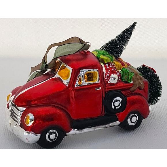 ORNAMENT-Holiday-Glass-Red Pickup Truck-Christmas Tree-Unique-Novelty-Large - Picture 2 of 14